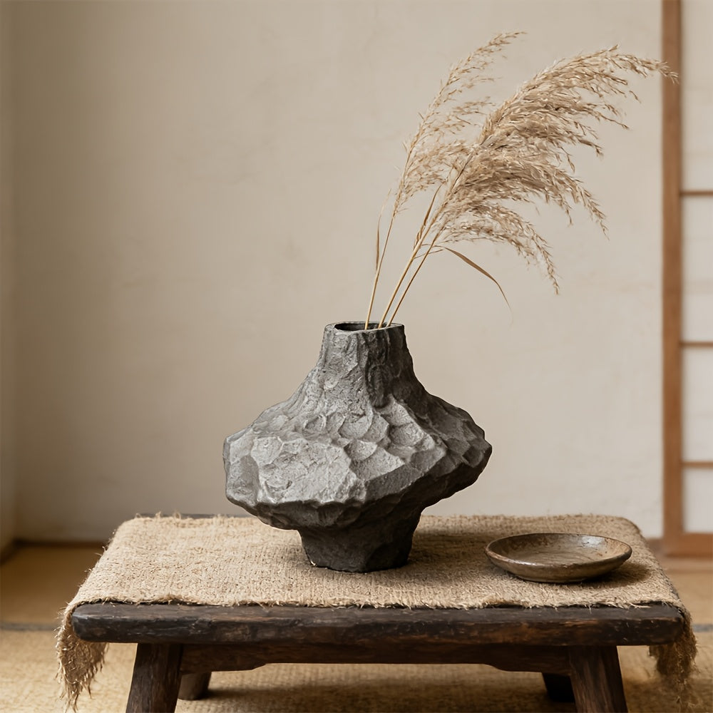 Handmade Textured Ceramic Vase Irregular Artistic Flower Vase Wabi Sabi Style Dry Flower Container Matte Black StoneLike Vessel Modern Home Decor Accent for Living Room Hotel  Showroom