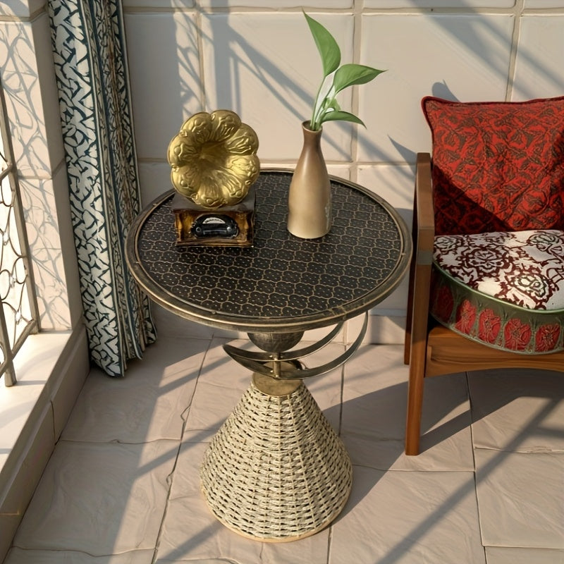 Metal Teng Iron Craft Moon Phase Globe Side Table Coffee Table Handmade Grass Rope Weaving for Living Room Bedroom Study Balcony Guesthouse Bar Coffee Shop